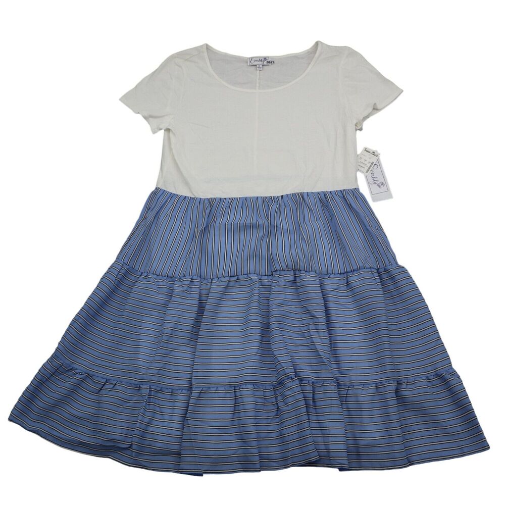 Everlily Dress Womens M White Top Blue Stripe Tiered Bottom Midi NWT